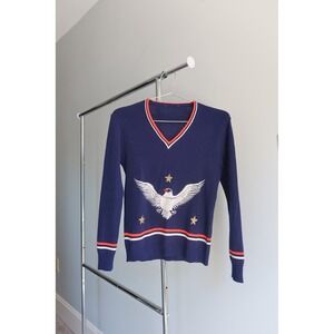 80s‎ 90s Patriotic Eagle Stars Flag Knit Pullover USA V-Neck
